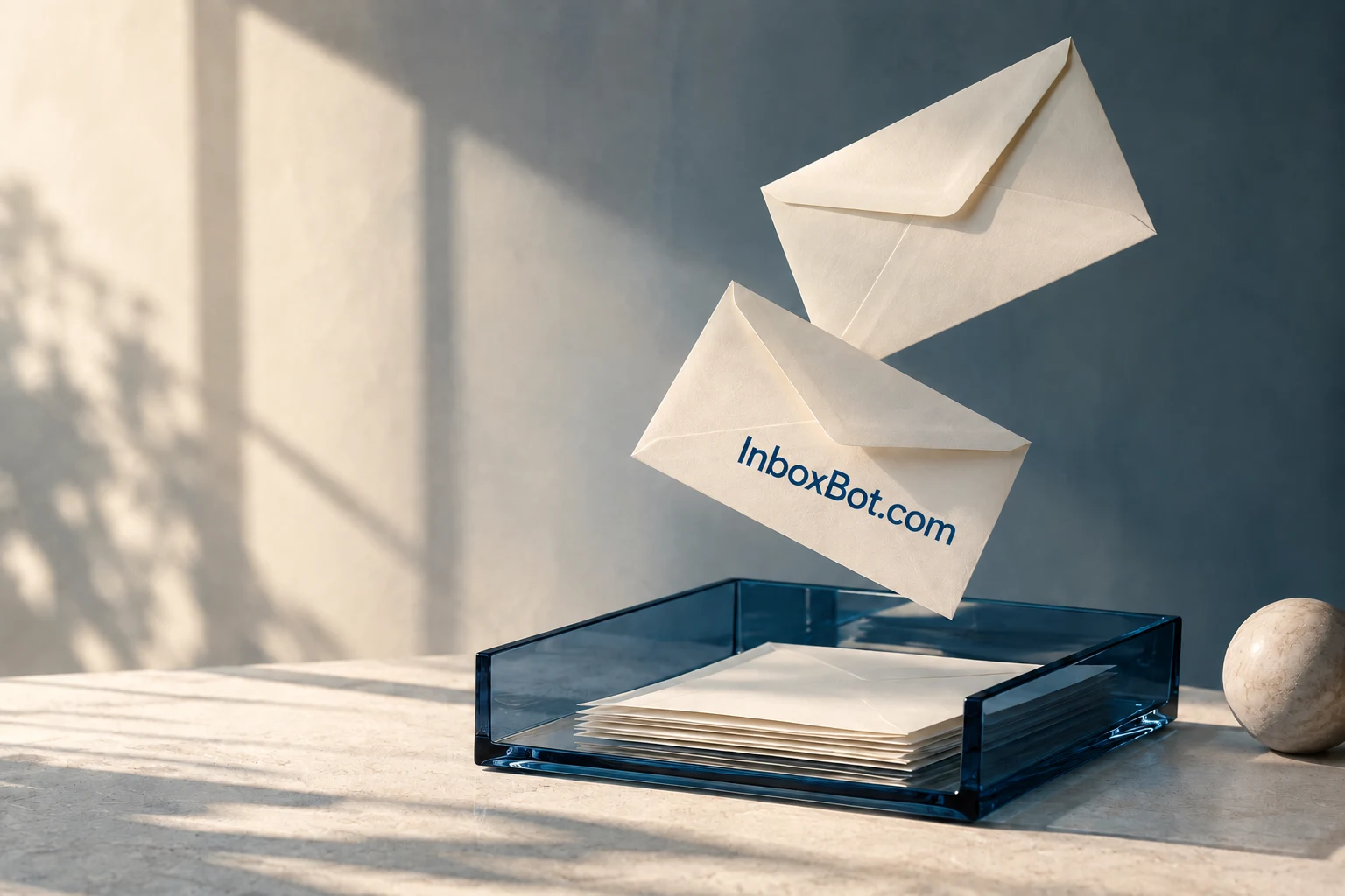 Ivory correspondence and a translucent ink-blue inbox tray
